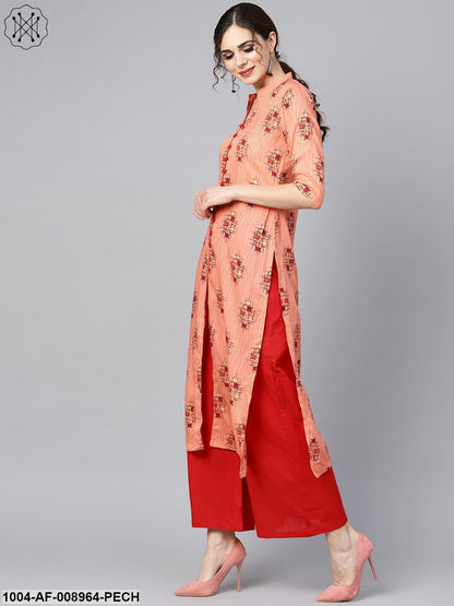 Geometric Gold Khari Printed Straight Kurta With Multi Slits And Button Detailing, With Solid Red Palazzo