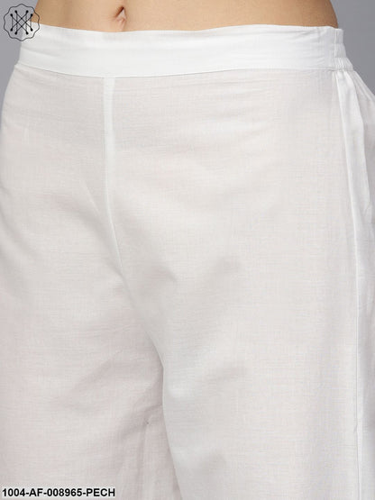 Solid Peach Goat Detailing Straight Kurta And Solid Off White Pants With Goat Detailing Off White Mule Dupatta