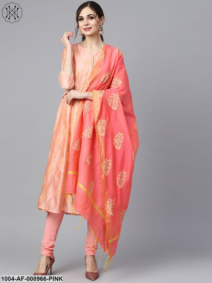 Peach Two-Toned Gold Khari Chanderi Anarkali With Solid Light Pink Churidar And Printed Chanderi Dupatta
