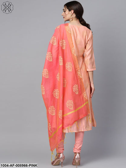 Peach Two-Toned Gold Khari Chanderi Anarkali With Solid Light Pink Churidar And Printed Chanderi Dupatta