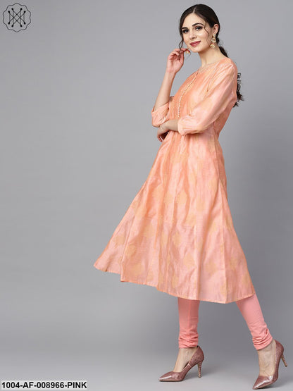 Peach Two-Toned Gold Khari Chanderi Anarkali With Solid Light Pink Churidar And Printed Chanderi Dupatta