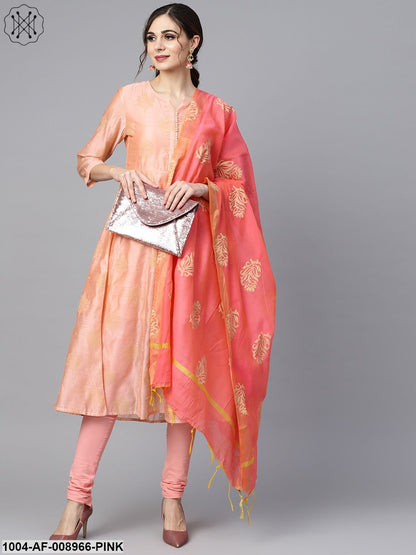 Peach Two-Toned Gold Khari Chanderi Anarkali With Solid Light Pink Churidar And Printed Chanderi Dupatta