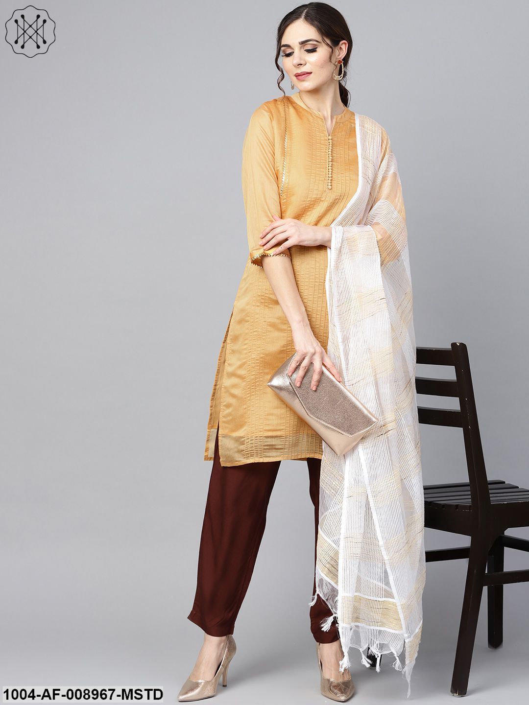 Mustard Brown Chanderi Straight Kurta With Lining With Solid Chocolate Brown Rayon Pants With Katarina Dupatta