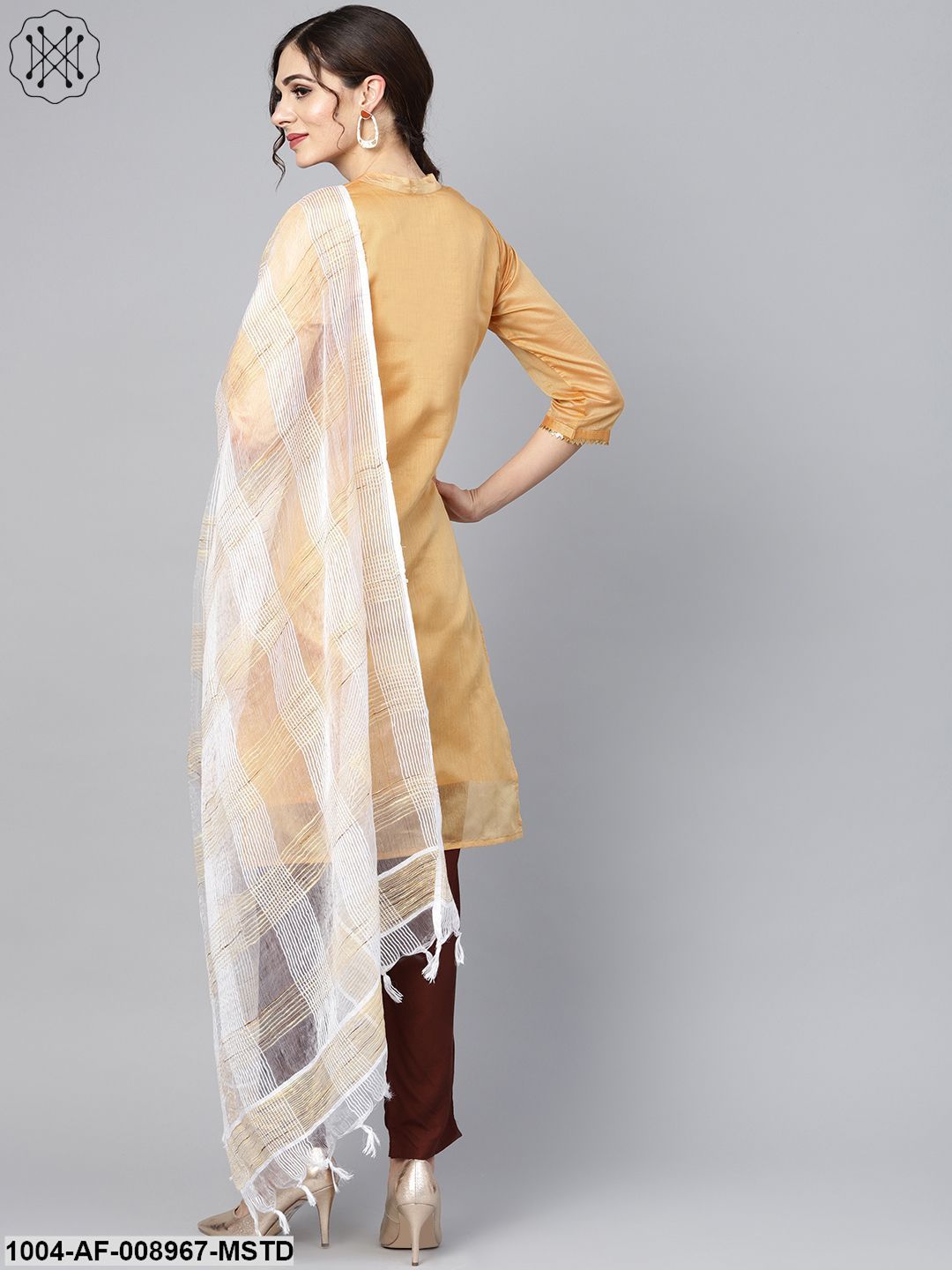 Mustard Brown Chanderi Straight Kurta With Lining With Solid Chocolate Brown Rayon Pants With Katarina Dupatta