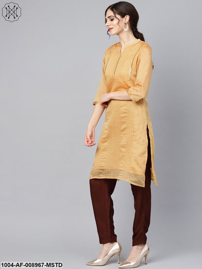 Mustard Brown Chanderi Straight Kurta With Lining With Solid Chocolate Brown Rayon Pants With Katarina Dupatta