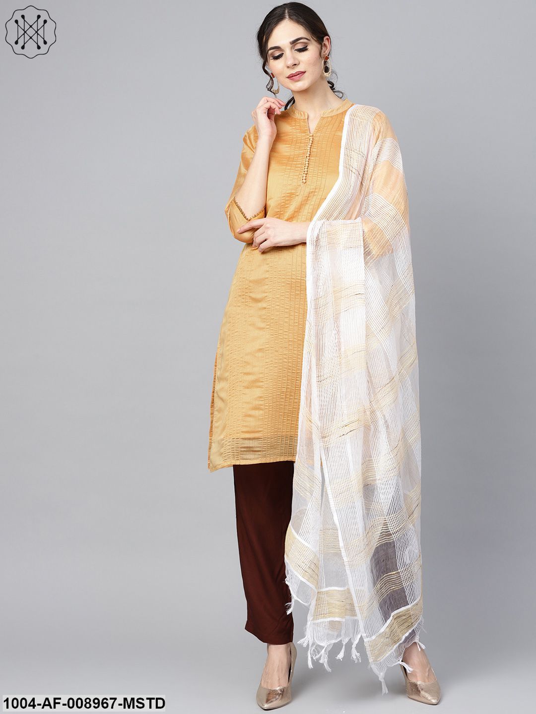 Mustard Brown Chanderi Straight Kurta With Lining With Solid Chocolate Brown Rayon Pants With Katarina Dupatta