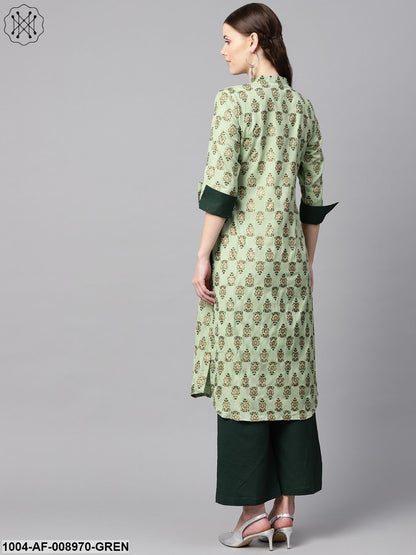 Green Floral Print V-Neck Collared 3/4Th Sleeve Straight Kurta With Reversible Cuff Detailing Solid Palazzo.