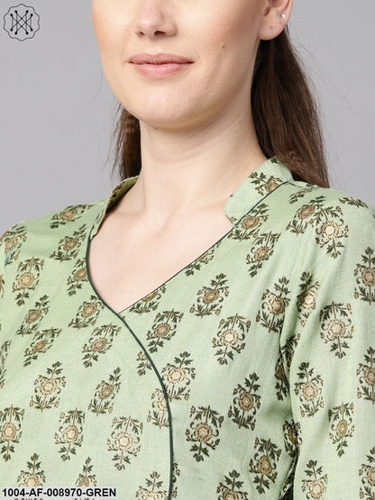Green Floral Print V-Neck Collared 3/4Th Sleeve Straight Kurta With Reversible Cuff Detailing Solid Palazzo.