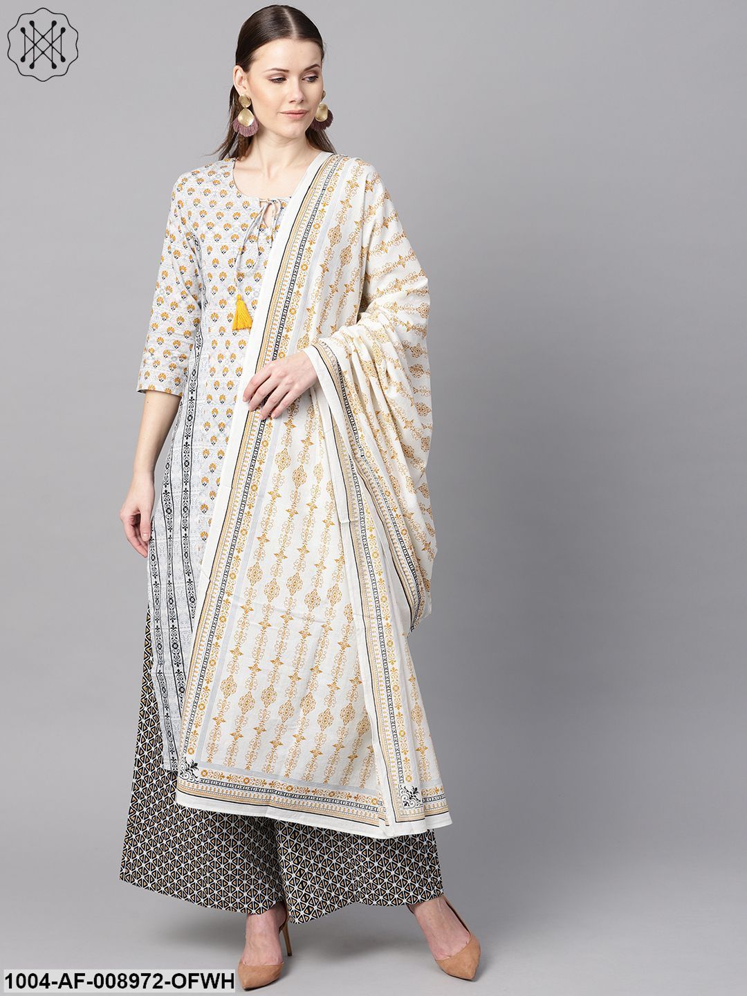 Light Grey Printed Round Neck With Slit And Hangings 3/4Th Sleeve Straight Panelled Kurta With Printed Palazzo And Printed Dupatta.