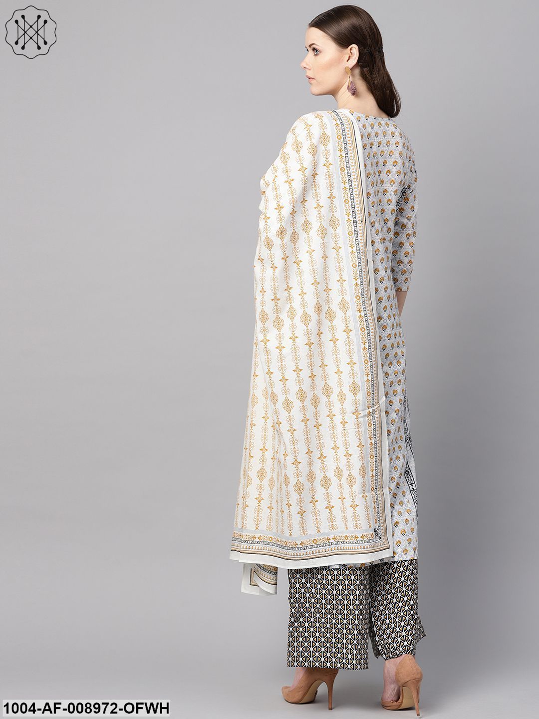 Light Grey Printed Round Neck With Slit And Hangings 3/4Th Sleeve Straight Panelled Kurta With Printed Palazzo And Printed Dupatta.