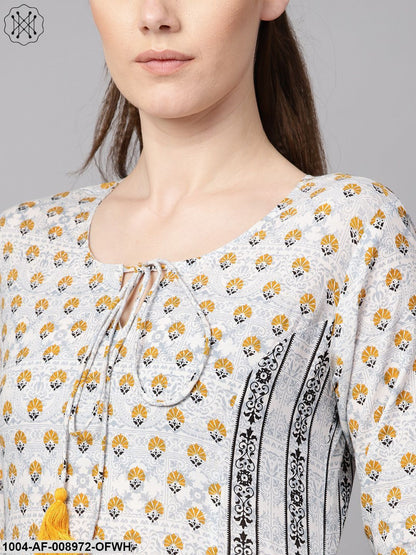 Light Grey Printed Round Neck With Slit And Hangings 3/4Th Sleeve Straight Panelled Kurta With Printed Palazzo And Printed Dupatta.