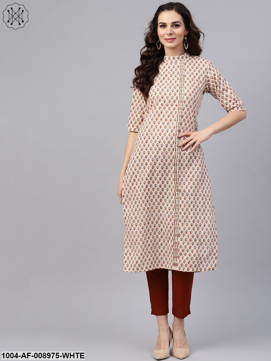 White Printed Closed Collar With Back Slit Opening 3/4Th Sleeve Front Pleated Kurta With Side Pockets With Solid Cigarette Pants