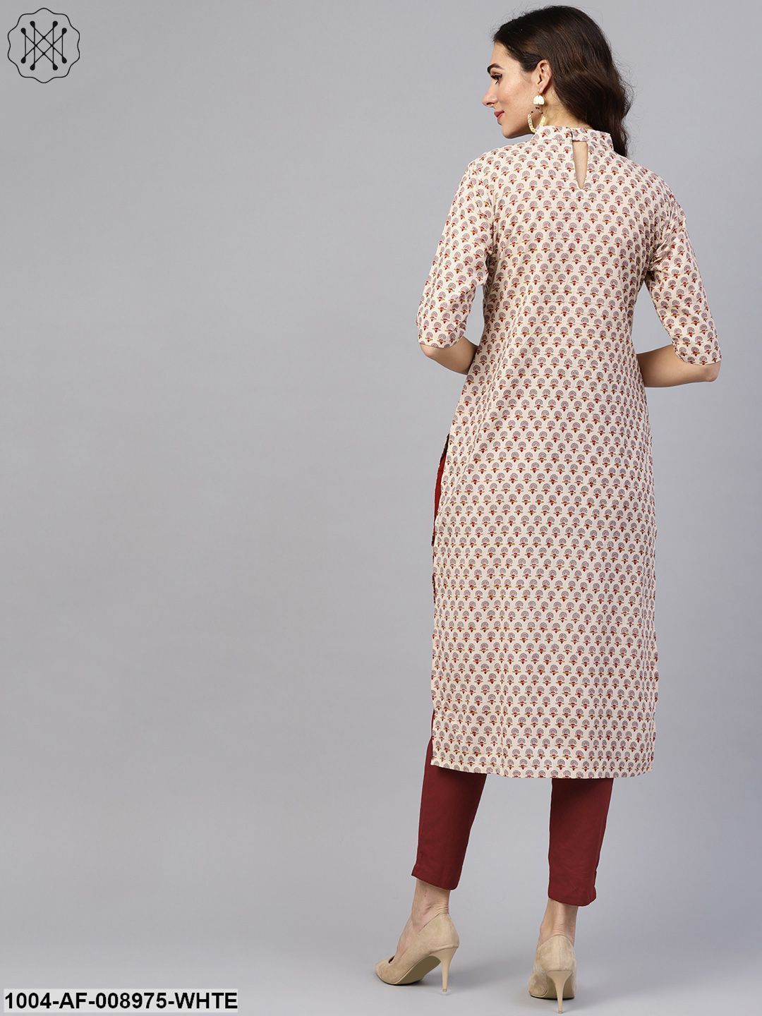 White Printed Closed Collar With Back Slit Opening 3/4Th Sleeve Front Pleated Kurta With Side Pockets With Solid Cigarette Pants