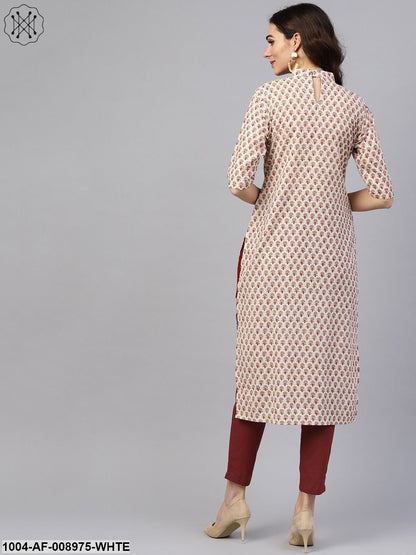 White Printed Closed Collar With Back Slit Opening 3/4Th Sleeve Front Pleated Kurta With Side Pockets With Solid Cigarette Pants