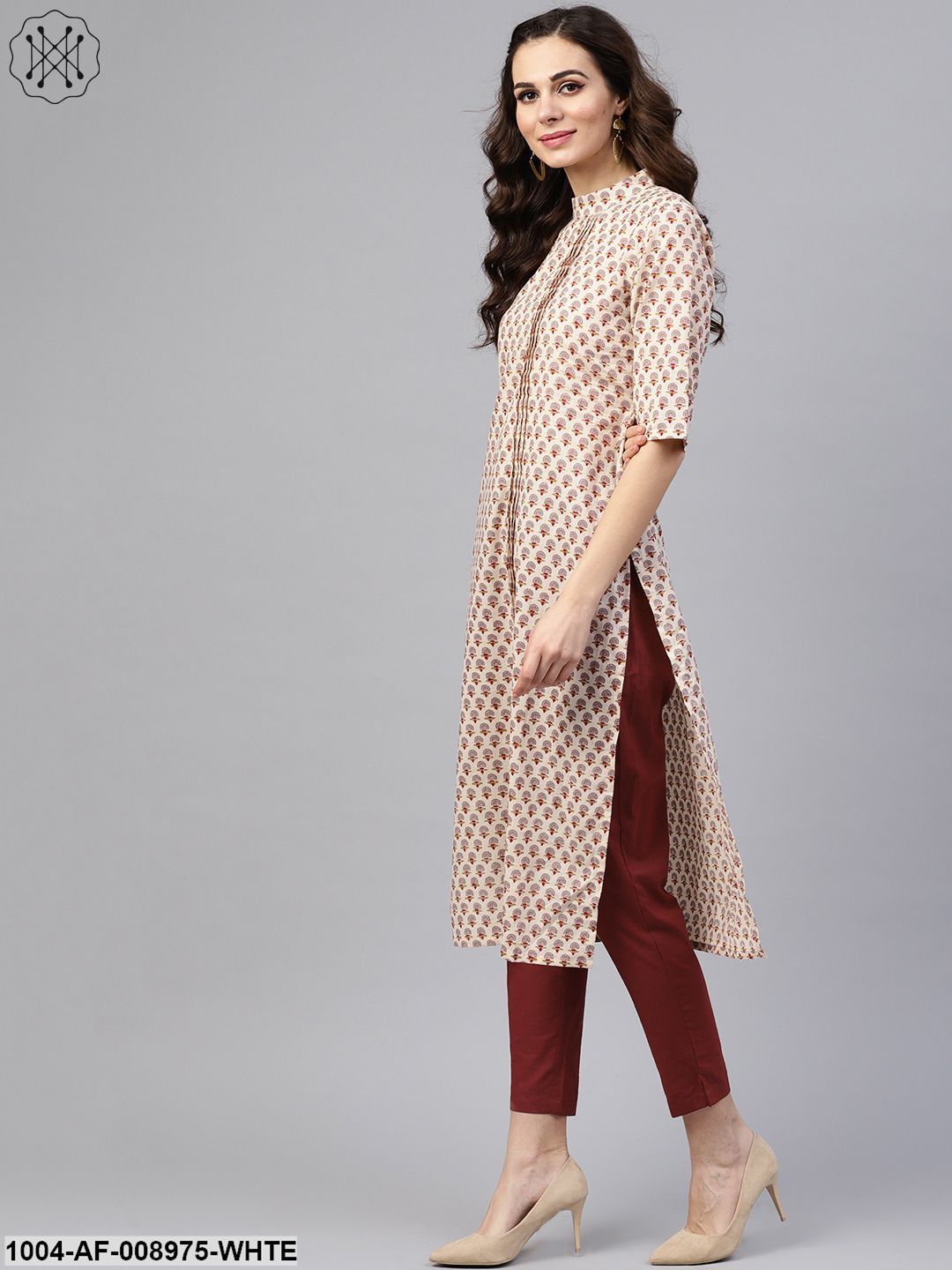 White Printed Closed Collar With Back Slit Opening 3/4Th Sleeve Front Pleated Kurta With Side Pockets With Solid Cigarette Pants