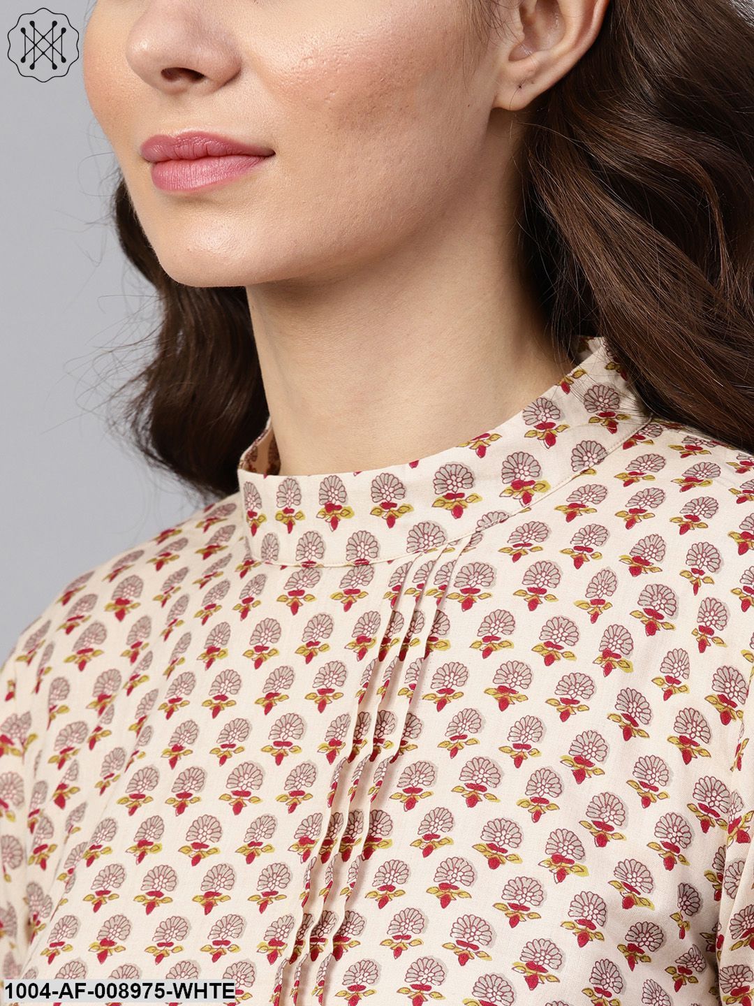 White Printed Closed Collar With Back Slit Opening 3/4Th Sleeve Front Pleated Kurta With Side Pockets With Solid Cigarette Pants