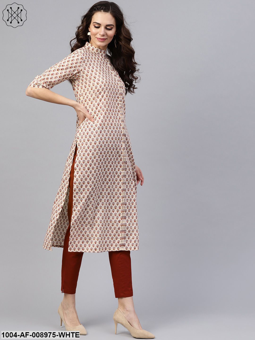 White Printed Closed Collar With Back Slit Opening 3/4Th Sleeve Front Pleated Kurta With Side Pockets With Solid Cigarette Pants