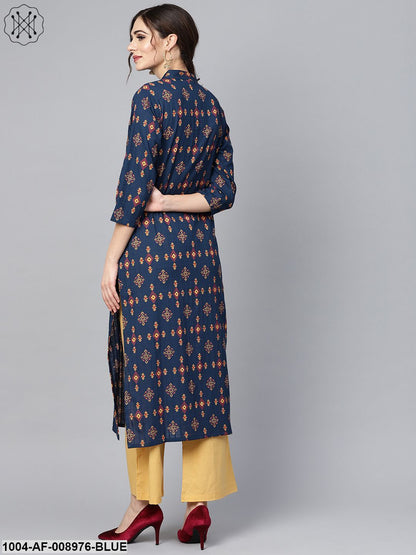 Navy Blue Geometric Printed 3/4Th Sleeve Kurta Set With Solid Yellow Pants