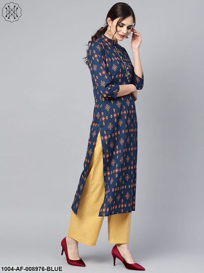 Navy Blue Geometric Printed 3/4Th Sleeve Kurta Set With Solid Yellow Pants