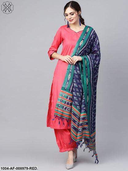 Red 3/4Th Sleeve Cotton Kurta Set With Pleated Salwar & Blue Dupatta
