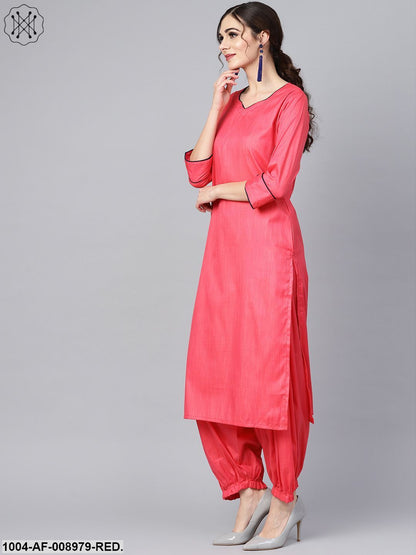 Red 3/4Th Sleeve Cotton Kurta Set With Pleated Salwar & Blue Dupatta