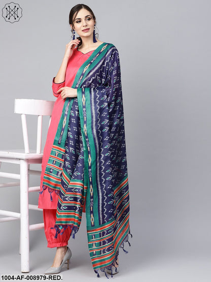 Red 3/4Th Sleeve Cotton Kurta Set With Pleated Salwar & Blue Dupatta