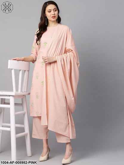 Peach Printed Floral Round Neck 3/4Th Sleeve Straight Kurta With Striped Pants
