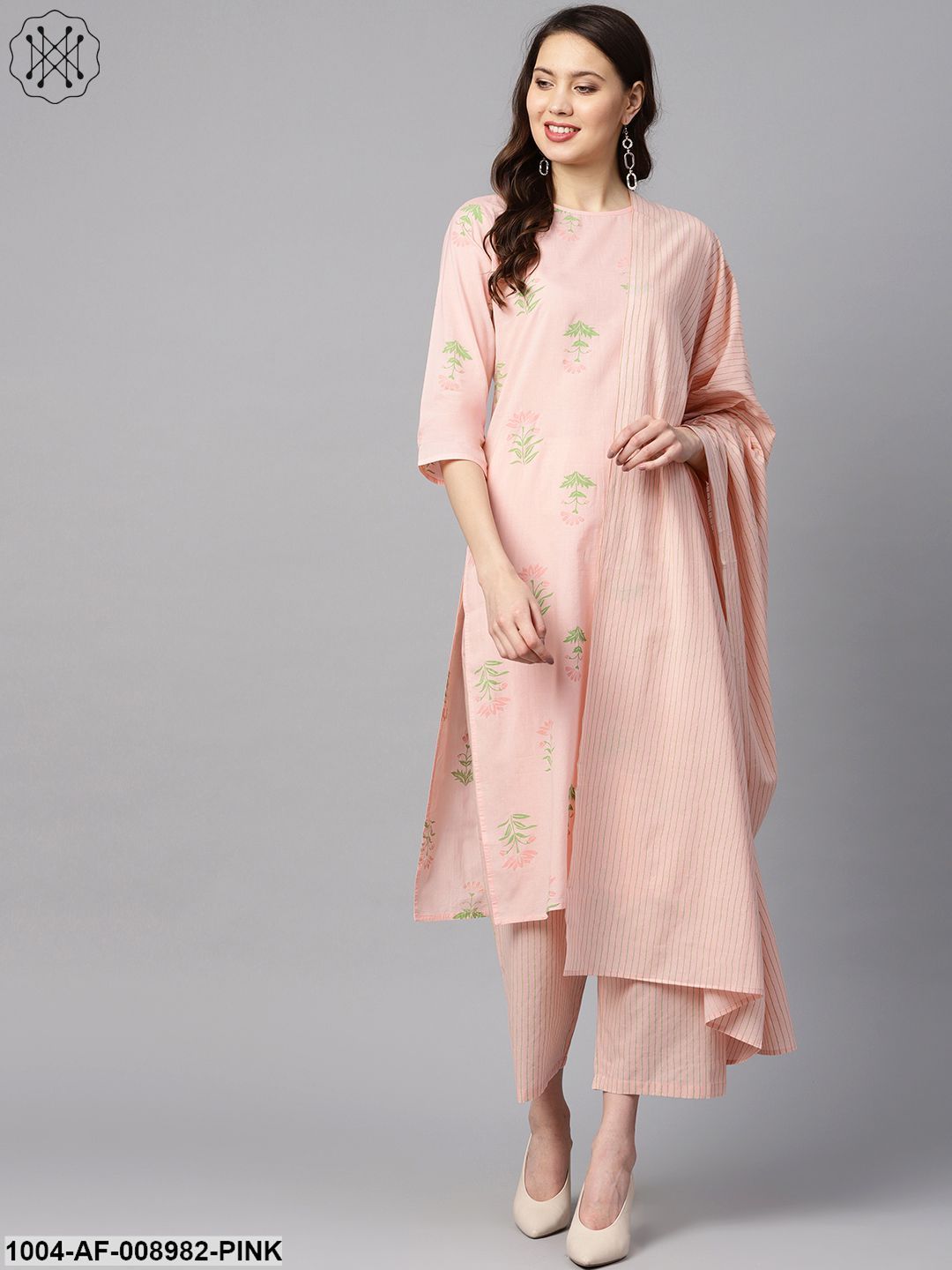Peach Printed Floral Round Neck 3/4Th Sleeve Straight Kurta With Striped Pants