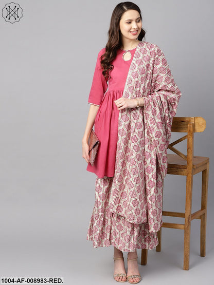 Pink Gathered Short Kurta With Printed Sahara & Dupatta