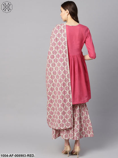 Pink Gathered Short Kurta With Printed Sahara & Dupatta