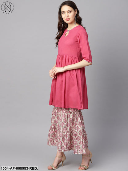 Pink Gathered Short Kurta With Printed Sahara & Dupatta