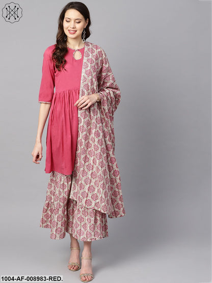 Pink Gathered Short Kurta With Printed Sahara & Dupatta