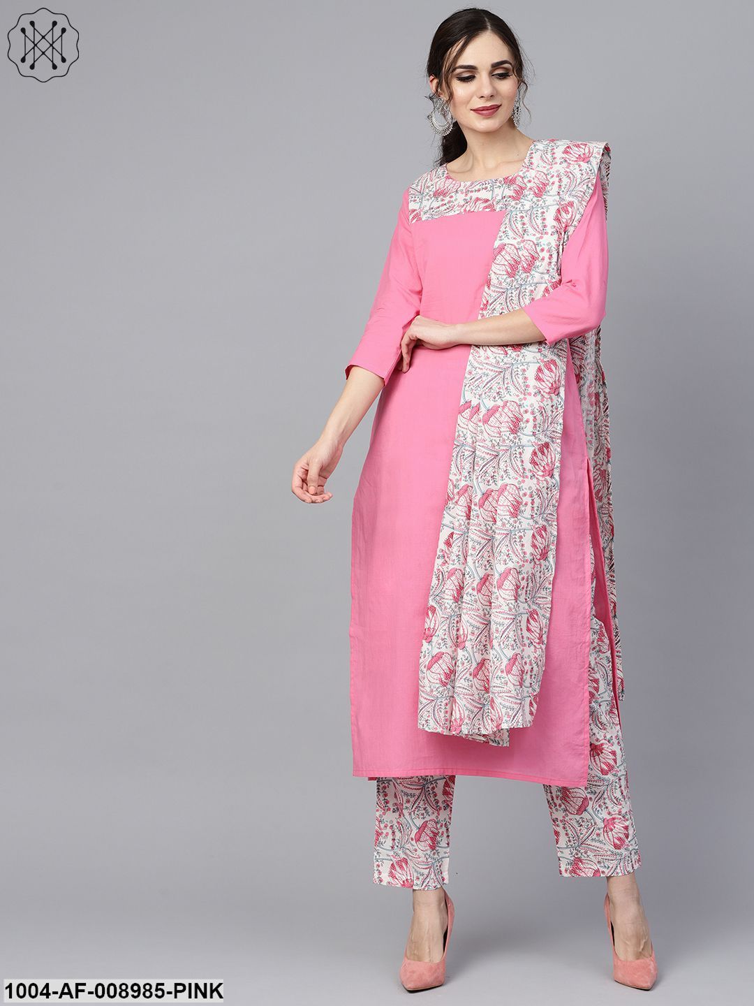 Solid 3/4Th Sleeve Pink Kurta With Printed Shoulder Yoke With Pants & Mule Printed Dupatta