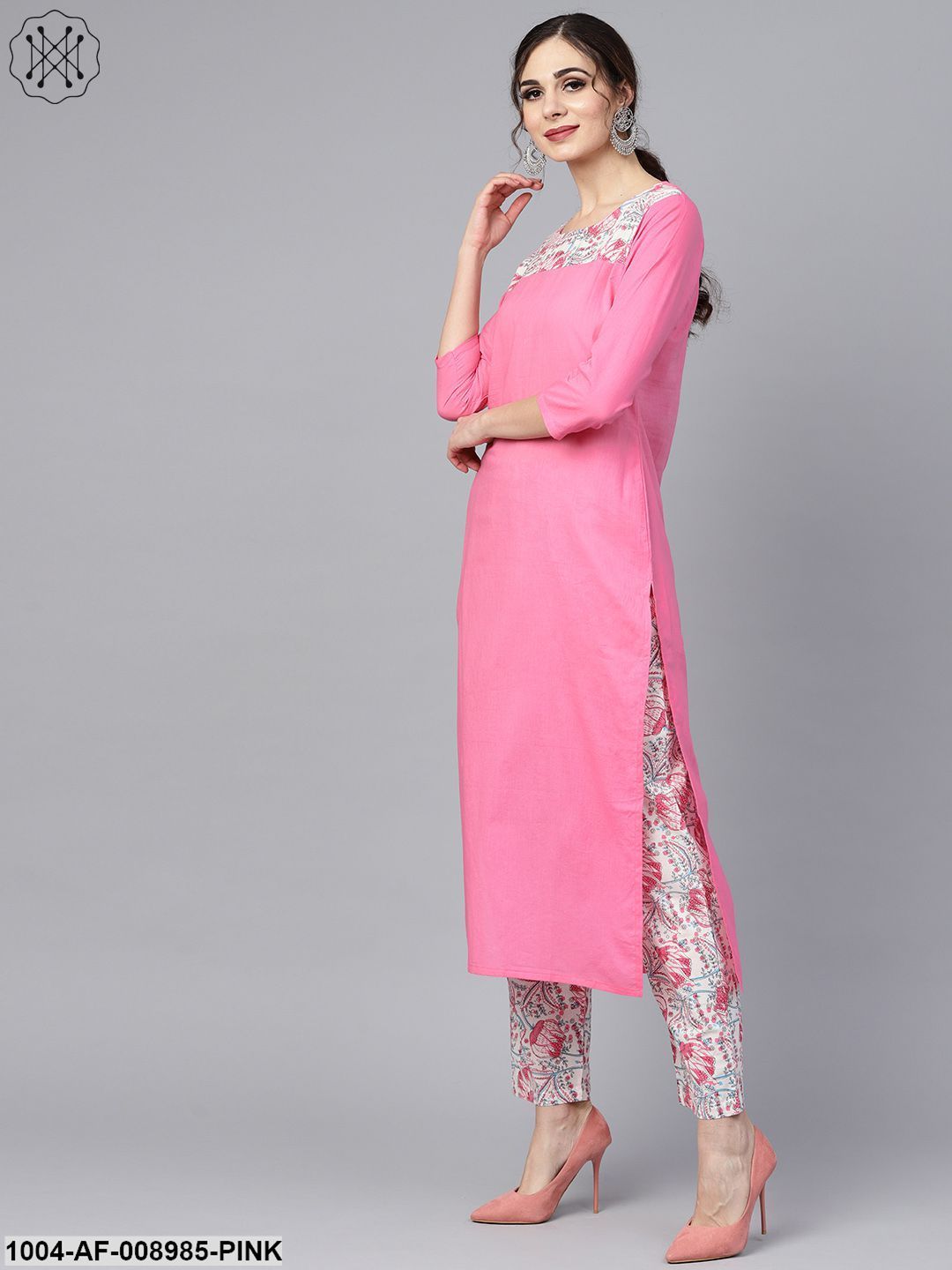 Solid 3/4Th Sleeve Pink Kurta With Printed Shoulder Yoke With Pants & Mule Printed Dupatta