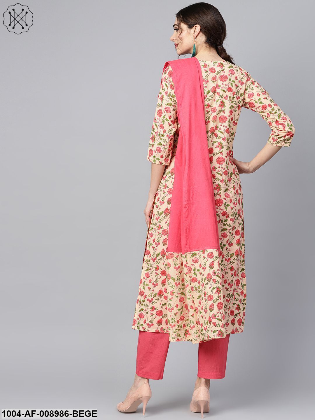 Beige Coloured Floral Printed Straight Kurta With Solid Pink Pants & Mule Dupatta