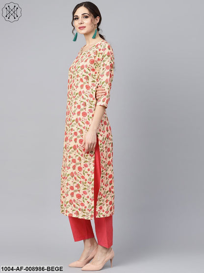 Beige Coloured Floral Printed Straight Kurta With Solid Pink Pants & Mule Dupatta