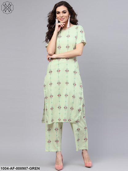 Pastel Green Printed Half Sleeve Straight Kurta With Pants