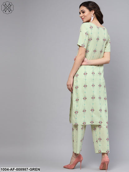 Pastel Green Printed Half Sleeve Straight Kurta With Pants