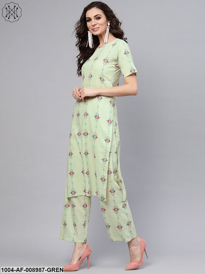 Pastel Green Printed Half Sleeve Straight Kurta With Pants