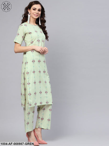 Pastel Green Printed Half Sleeve Straight Kurta With Pants