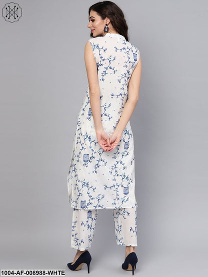 White Printed Sleeveless Kurta With Pant