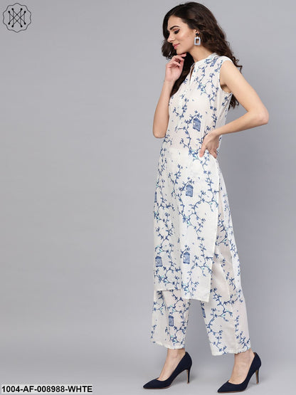 White Printed Sleeveless Kurta With Pant