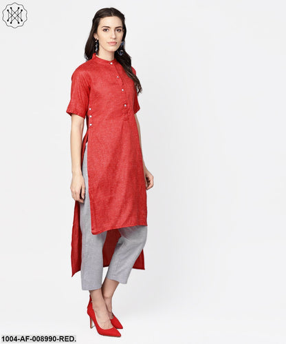 Red High-Low Short Sleeve Kurta Set With Solid Grey Pants