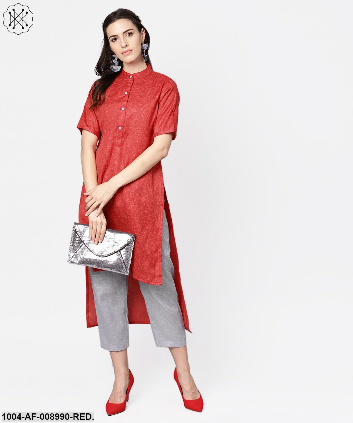 Red High-Low Short Sleeve Kurta Set With Solid Grey Pants