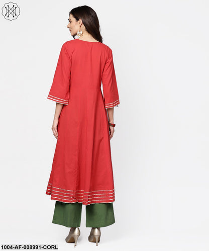 Coral Pink 3/4Th Sleeve A-Line Cotton Kurta With Palazzo