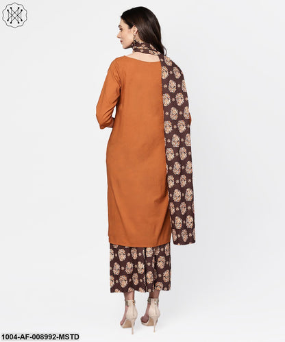 Solid Mustard Kurta Set With Chocolate Brown Printed Palazzo & Dupatta