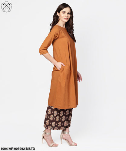 Solid Mustard Kurta Set With Chocolate Brown Printed Palazzo & Dupatta