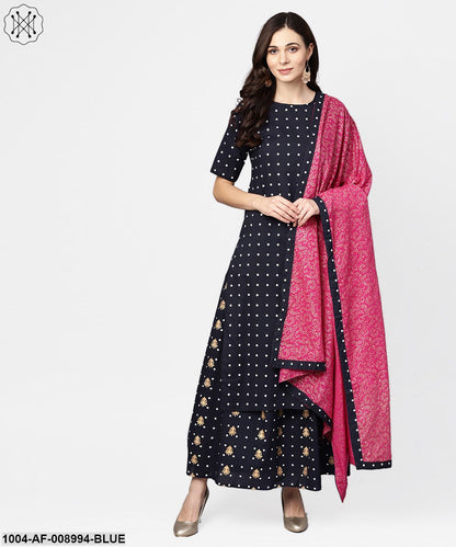 Navy Blue Three Piece Kurta Set With Palazzo & Magenta Dupatta