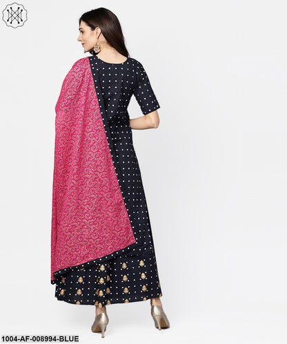 Navy Blue Three Piece Kurta Set With Palazzo & Magenta Dupatta