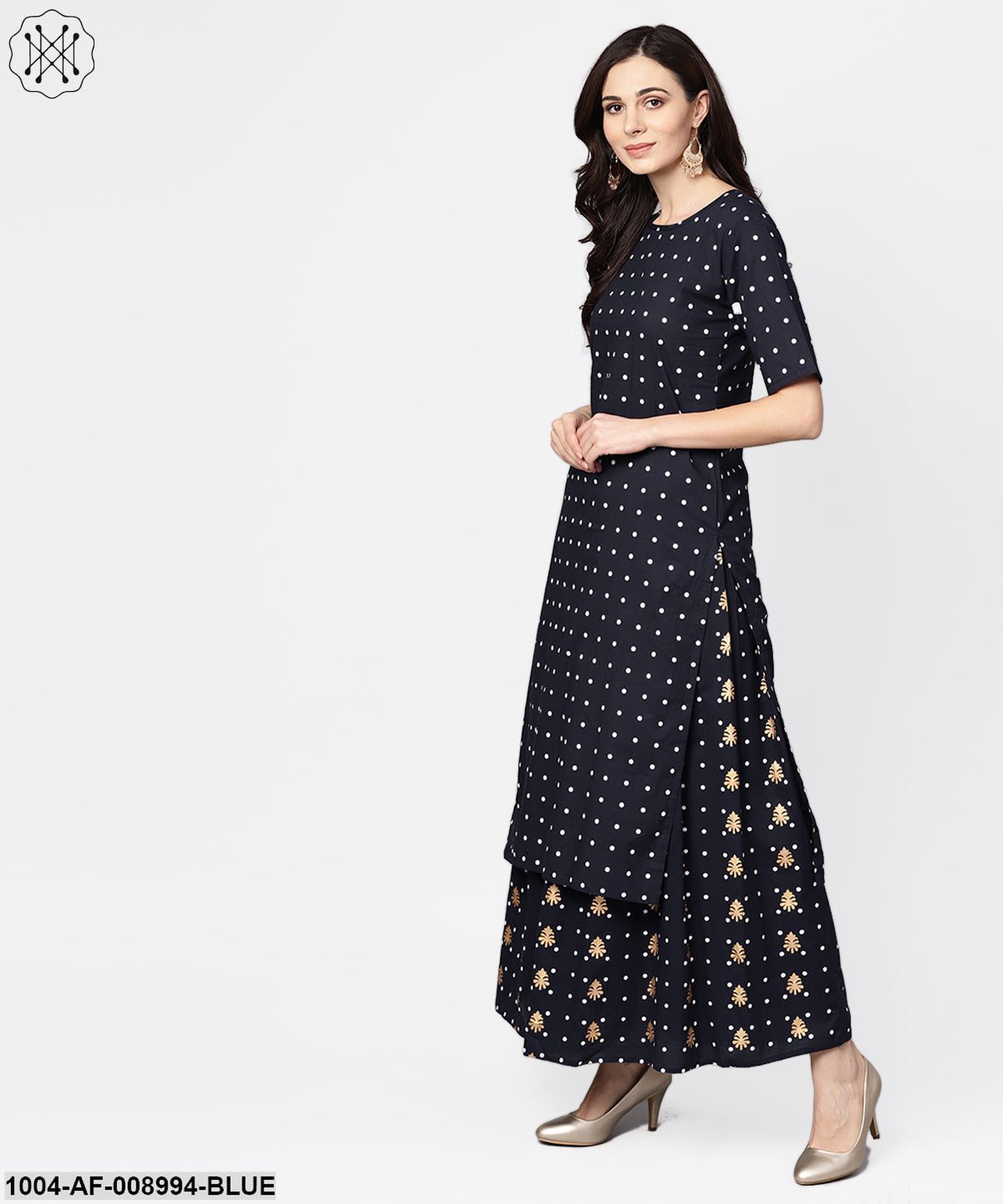 Navy Blue Three Piece Kurta Set With Palazzo & Magenta Dupatta